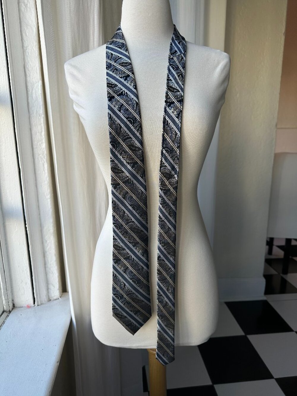 Pronto Uomo Couture 100% Silk Paisley Stripe Men’s Neck Tie Blue Gray Beige